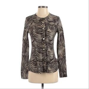 Tory Burch | Womens Brown Sweater Zebra Print Merino Wool Ruffle Cardigan Button
